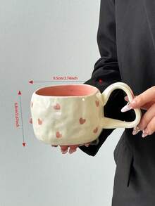 1pc Minimalist Handpainted Heart Ceramic Mug, Korean Ins Style Asymmetrical Handpainted Heart Ceramic Mug With Multicolor Heart, Cloud And Flower Patterns, Ideal For Afternoon Tea, Milk, Latte And Coffee - Multicolor - View 11