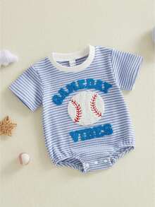 Baby Boy Summer Clothes Newborn Bubble Romper Short Sleeve Baseball Embroidery Jumpsuit One Piece Infant Baseball Outfit - 藍色 - 查看 1