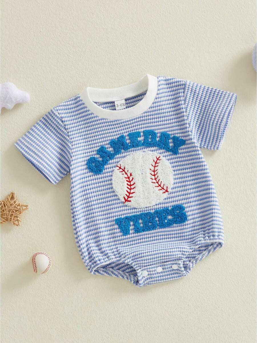 Baby Boy Summer Clothes Newborn Bubble Romper Short Sleeve Baseball Embroidery Jumpsuit One Piece Infant Baseball Outfit - 藍色 - 查看 1