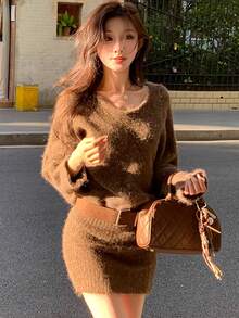 Women Short Dresses - Dark Brown - View 3