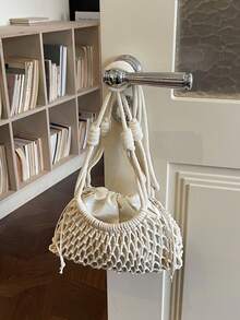 2026 Summer Beach Bag, Fashion Women's Shoulder & Crossbody Bag, Woven Hollow-Out Design Mini Pouch, Drawstring Straw Bag - Multicolor - View 3