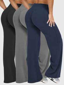 3 Pieces Women's Spring And Summer Loose High Waisted Pants, With Elastic And Loose Design, Slim Fit And Lifting, Highlighting The Waistline, Suitable For Pilates. High Waisted Design, Elastic Fabric Enhances Curves, Retro Street Style. Classic High Waisted Cut, Shaping And Fitting, Loose Silhouette, Showcasing Timeless Elegance. Women's Elegant High Waisted Sports Pants - 彩色 - 查看 10