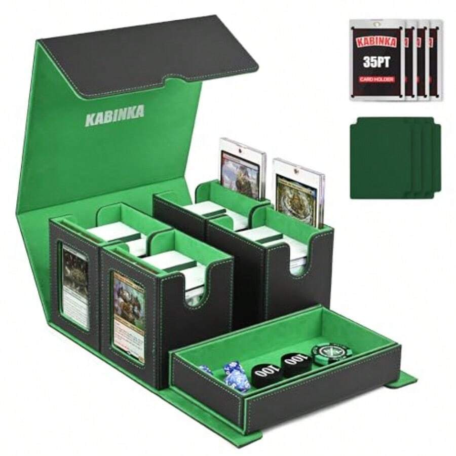 Caja de Mazos de Cartas para MTG con Exhibidor de Comandante Caja de Almacenamiento de Cartas 5 en 1 se adapta a más de 400 cartas con doble funda Estuche de Mazo extraíble para cartas TCG - Negro Verde - Ver 1