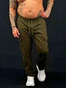 Unisex Cargo Pants With 6 Pockets, Plus Size, Modern Style - Army Green - View 3