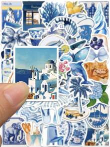 50张蓝色卡通ins风贴纸，适用于手机、笔记本电脑、滑板、行李箱、头盔等，涂鸦美学贴纸，礼品之选 - A - 查看 4