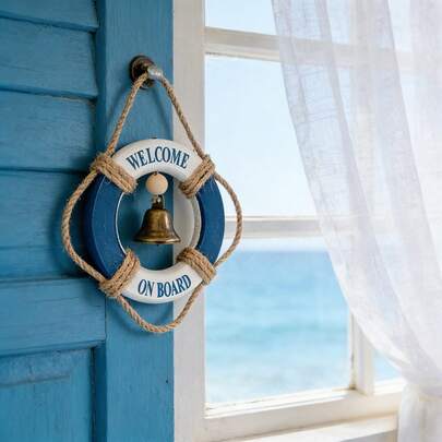 1pc Nautical Lifebuoy Wall Decor - Welcome On Board Hanging Ornament With Bell, Coastal Beach Themed Decor For Bathroom, Bedroom, Living Room, Nautical Party Supplies, Mediterranean Style Home Decoration (Light Blue & Navy Blue )