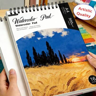 A4 Spiral Bound Watercolor Paper, 300gsm, 16 Sheets, Artistic Style Cypress Tree And Golden Wheat Landscape, Tear-Resistant And High Absorbency, Suitable For Easter, Spring Art Projects, Painting And Greeting Cards