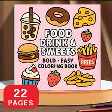 1 كتاب تلوين سهل للأطعمة والمشروبات والحلويات 22 صفحة طبعة فاخرة سميكة | مثالي للاسترخاء للبالغين والتجمعات العائلية وديكور العطلات (عيد الفصح وعيد الشكر وعيد الميلاد ورأس السنة وعيد الحب) - قطعة واحدة - مشاهدة 1
