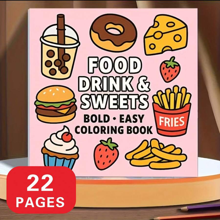 1 كتاب تلوين سهل للأطعمة والمشروبات والحلويات 22 صفحة طبعة فاخرة سميكة | مثالي للاسترخاء للبالغين والتجمعات العائلية وديكور العطلات (عيد الفصح وعيد الشكر وعيد الميلاد ورأس السنة وعيد الحب) - قطعة واحدة - مشاهدة 1