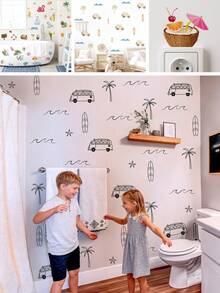 BRUP 1/3/4张/套 夏季假期浴室墙贴，卡通房车、棕榈树、海浪、冲浪板和星星图案，适用于浴缸、淋浴墙或儿童房，可移除即撕即贴，充满奇思妙想的冒险主题艺术 - 彩色 - 查看 1