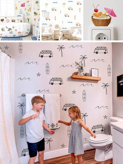 BRUP 1/3/4张/套 夏季假期浴室墙贴，卡通房车、棕榈树、海浪、冲浪板和星星图案，适用于浴缸、淋浴墙或儿童房，可移除即撕即贴，充满奇思妙想的冒险主题艺术