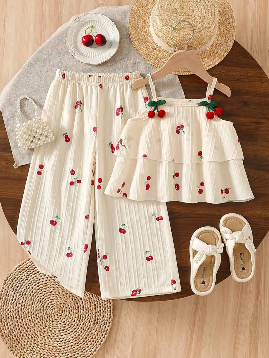 Girls' Summer Cream-Colored Cherry Print Camisole Double-Layer Top + Wide-Leg Pants 2 Pieces Set, Children's Sweet And Fresh Style Outfit Suitable For Daily Outings, Campus Wear, Family Trips, And Park Strolls - Gold - View 1