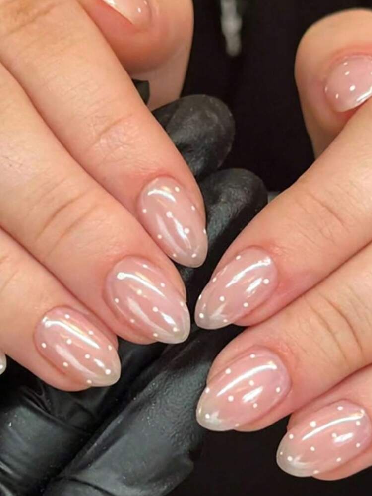 24pcs Short Nails, Pink Color, Glitter Coated, White Polka Dot Almond Shape Nails + 1pc Jelly Gel + 1pc Nail Buffer - Pink - View 7