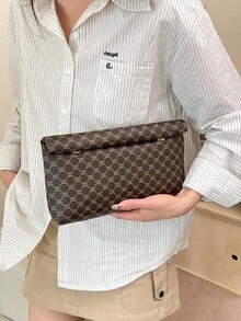 时尚花卉图案手提包，PU材质，大容量翻盖磁扣小方包，印花女包，多功能派对晚宴包，适合女性旅行和购物 - 咖啡 - 查看 6