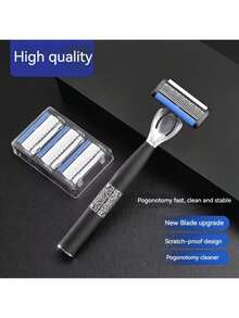 Stainless Steel Razor, Men's 6-Layer Blade Razor, Manual Shaver, Non-Slip Handle And Replacement Blades, Ideal For Daily Grooming, Providing A Smooth Shaving Experience, Perfect Gift Choice! - Blue and White - View 6