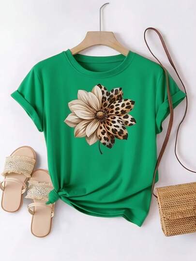 LC [Leopard Print Tee] ' Casual Short-Sleeve-Shirt - Leopard Print & Splice Flower Design Round Neck Top | Breathable Casual Attire Suitable Daily Outfits & Summer Parties, Washable Comfortable Tee (Local Delivery)Casual Daily Wear-Shirt,Retro-Shirt,Male And Female Neutral Short Sleeves,Clothes Plus Size,Sweatshirt,Clothes Women,Tops,Womens Tops,Spring,Summer Tops Women,Spring Clothes,Vacation Outfits ,Summer Outfits,Tees Women,Summer Tops,Shirts