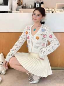 2026 Spring/Summer New Arrival Sweet Floral Hollow Bow-Tie V-Neck Long Sleeve Knitted Cardigan - Multicolor - View 3