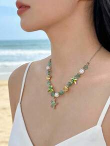 1pc Boho Beach Starfish Shell Choker Necklace For Women – Green Crystal Pearl Summer Jewelry - Gold - View 1