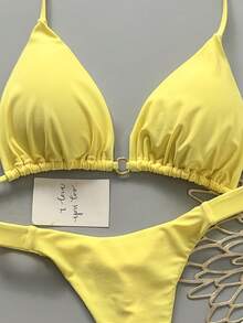 Bộ bikini gợi cảm buộc dây cổ màu trơn dành cho nữ, thích hợp cho kỳ nghỉ hè, đi biển. - Màu vàng - Xem 5