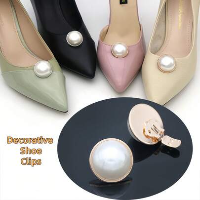 2pcs Luxurious Shiny Large Pearl Detachable Shoe Clips, Shoe Decoration, Suitable For High Heels, Wedding Shoes, Wedding Season Outfit