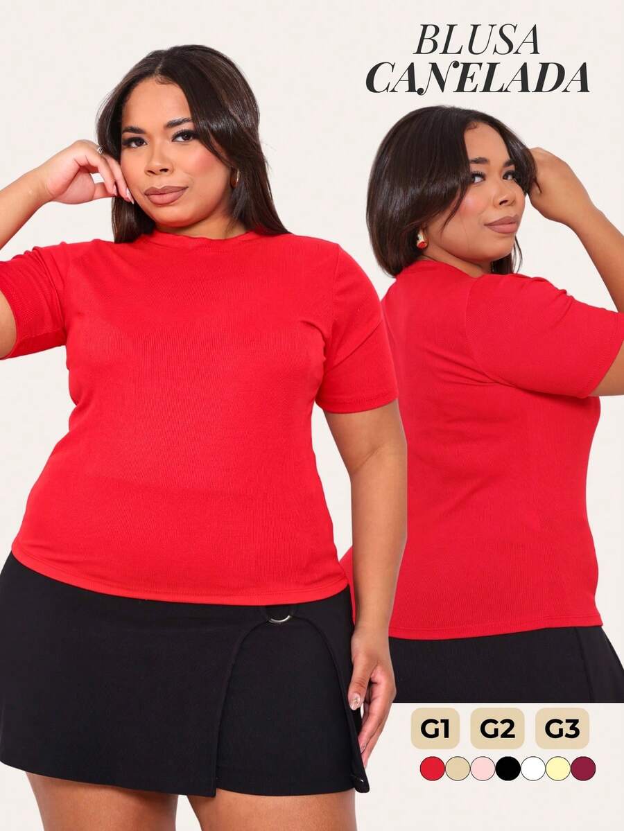 Women's Plus Size Ribbed Blouse Round Neck Elastic Comfortable Everyday Wear - Red - View 1