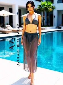 SALIDA DE PLAYA, FALDA LARGA, PAREO PARA MUJER CON AVERTURA HASTA LA CINTURA EN LOS 2 COSTADOS, TELA SEMITRANSPARENTE, SÚPER STRETCH, SEXY, CASUAL Y MUY A LA MODA. - Negro - Ver 6