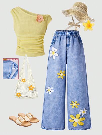 Conjunto de 2 piezas dulce y de moda para niñas preadolescentes, que incluye una blusa ajustada de hombro asimétrico amarilla y pantalones con efecto de mezclilla con estampado de mariposa orquídea 3D, hechos de tela plisada con textura de fideos, adecuado para la vida diaria, vacaciones, festivales, conjunto vibrante y lindo, ideal para vacaciones, fiesta de graduación, uso en verano