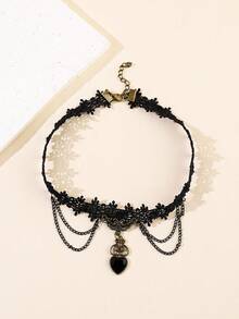 1pc Women's Retro Gothic Lace Heart Pendant Choker Necklace - Multicolor - View 6
