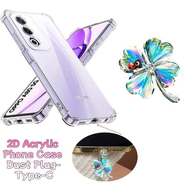 2pcs/Set: Transparent Anti-Drop Phone Case + Lucky Four-Leaf Clover Type-C Dust Plug, Compatible With A5 5G, F11 PRO, Reno13 F, A5 Pro, Reno14 F, K10 5G, A5 (2020), A17k, A38, A18, A40, A57, A60, A5x, Reno7 Lite And More Models