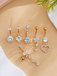 6件套18K镀金不锈钢肚脐环套装，蝴蝶、心形、双心形镶嵌锆石，经典女士穿刺饰品，节日佩戴 - 金黃色 - 查看 4