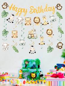 一套丛林动物主题生日派对装饰，包括可爱的卡通动物图案横幅和螺旋装饰，适用于婴儿派对、性别揭晓派对、丛林主题生日派对、家居装饰、房间装饰、热带丛林拍照背景，男孩女孩都适合。 - 叢林動物 - 查看 6
