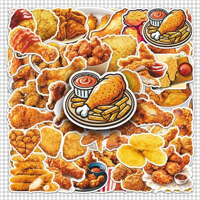 50张/套炸鸡贴纸，快餐夜宵食品贴纸，适合万圣节、圣诞节、复活节等节日装饰，也可用于DIY装饰水瓶、滑板，充满活力的美学涂鸦套装，适用于日记本、剪贴簿、派对用品，非常适合冬季、新年趣味贴纸，也可用于Kindle、剪贴簿、笔记本电脑贴纸。