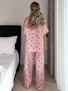 两件套心形图案百搭简约通勤翻领短袖上衣和裤子女士睡衣套装 - 粉色 - 查看 6