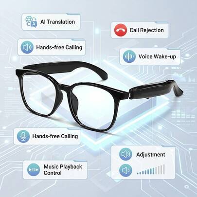  SENBONO 时尚 AI 翻译智能眼镜，男女通用，支持 100 多种语言实时翻译，多功能音频眼镜内置麦克风和扬声器，可接听/拒接电话、调节音量、播放音乐和进行语音通话。
