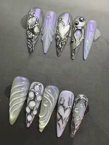 十片装哥特朋克手工美甲贴片，欧美复古按压式假指甲，紫色假指甲，奢华高端按压式假指甲，春夏按压式假指甲，长杏仁形假指甲，3D手绘假指甲，女士礼物，美甲，适合女孩和女士参加派对和日常生活佩戴。 - 彩色 - 查看 3
