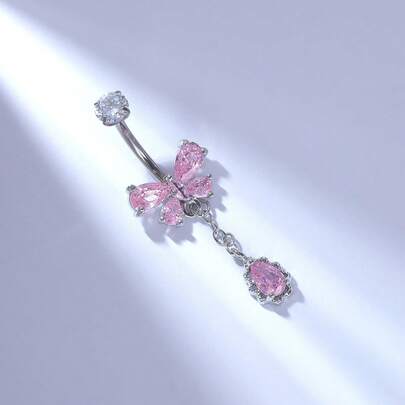 1 pieza Anillo de ombligo con cadena de borla, mariposa y circonita rosa delicada de titanio G23 para mujeres