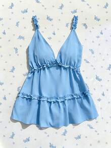 Women's Blue Woven Fabric Cami With Frill Trim, Flared Hem Spaghetti Strap Regular Length Tank Top, Non-Stretch And Sheer-Free Design - Light Blue - View 1