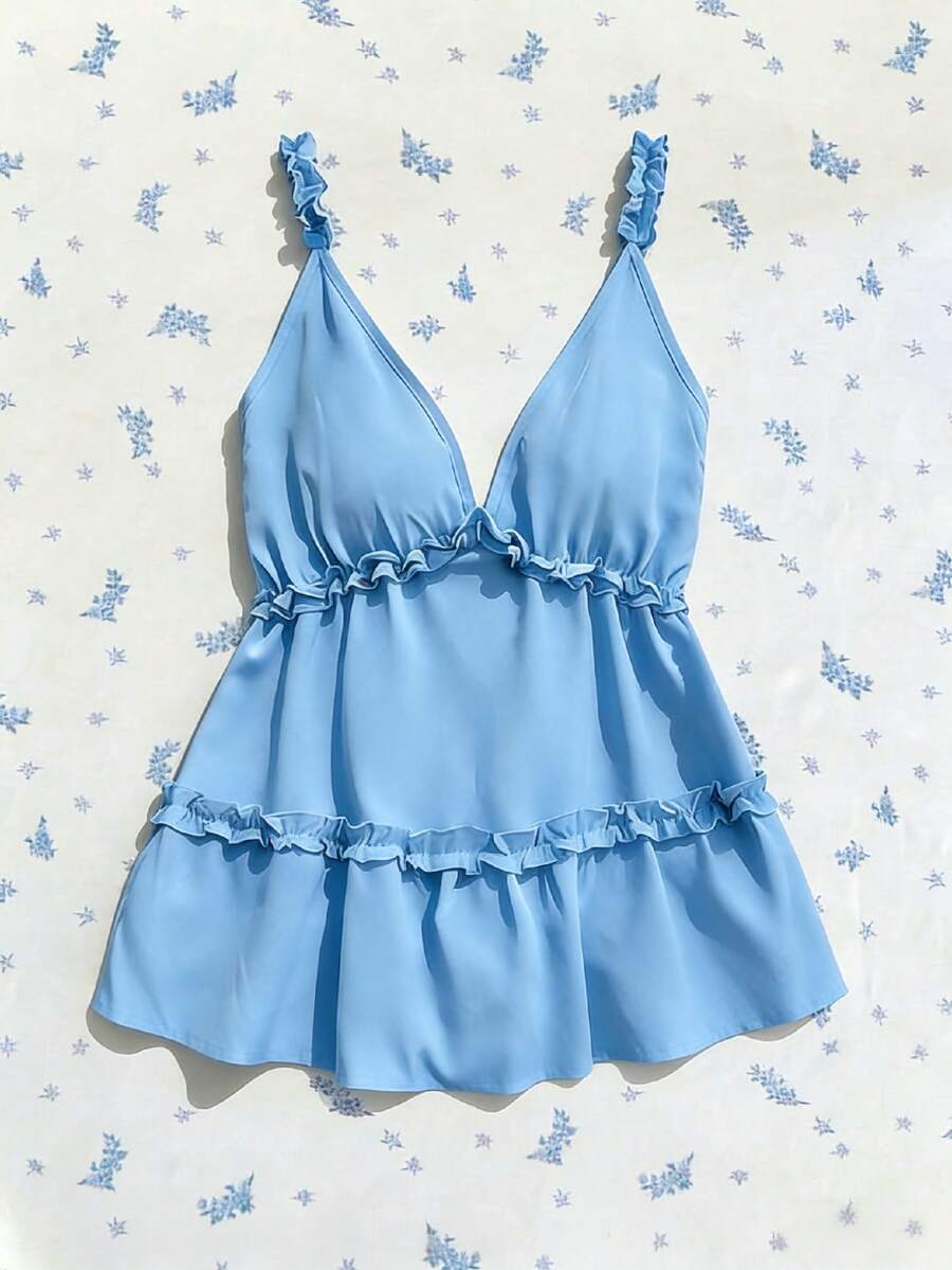 Women's Blue Woven Fabric Cami With Frill Trim, Flared Hem Spaghetti Strap Regular Length Tank Top, Non-Stretch And Sheer-Free Design - Light Blue - View 1