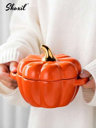 shoxil 1 chiếc bát sứ hình quả bí ngô có nắp, dùng làm nồi súp, bát đựng salad sáng tạo - bát đựng súp hầm, bộ bát đựng salad tráng miệng, thích hợp cho nhà bếp và bàn ăn.
