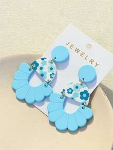 1对女士浅蓝色花卉印花陶瓷纹理镂空亚克力耳环，时尚优雅设计 - 彩色 - 查看 3