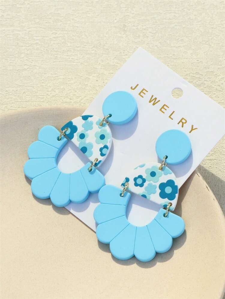 1对女士浅蓝色花卉印花陶瓷纹理镂空亚克力耳环，时尚优雅设计 - 彩色 - 查看 3