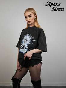 GALLERY  Portrait Print T-Shirt Washed Black, High-Quality Washed Cotton Printed T-Shirts, Menswear, Suitable For Street Retro Style As Well As Outdoor Sports And Leisure Occasions, Comfortable And Stylish, Y2K Apparel, Fashion T-Shirts, Streetwear, Exquisite Gifts. - 黑色 - 查看 6