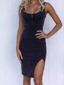 Short-Sleeve, U-Neck, Strappy, Distressed Denim Bodycon Dress (Casual Style) - Black - View 4
