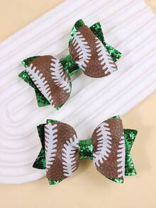 2pcs Baseball Print Bow Hair Clips, Minimalist Practical Multifunctional - Brown - View 3
