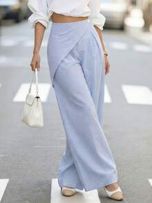 女士春夏新款蓝白条纹阔腿裤 - 情人节裹腰设计，适合办公室休闲、海滩度假和周末早午餐 - 藍白色 - 查看 6