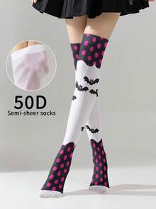 1/2 Đôi tất nữ 50D hơi trong suốt in hình dơi hồng và chấm bi - Món quà Halloween dễ thương, ngộ nghĩnh, tất dài đến đầu gối in chuyển nhiệt 360 độ. - Nhiều màu - Xem 3