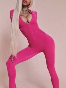 New Fashionable Personalized Street Style Commuter Tight Zip-Up Long Sleeve Jumpsuit Black Spring - 玫紅色 - 查看 13