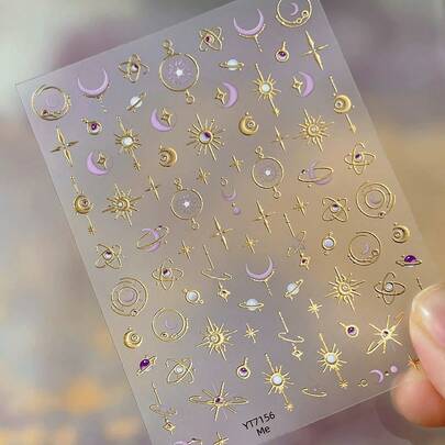 1 Sheet Silver Foil 5D Embossed Self-Adhesive Nail Art Stickers - Star & Moon Y2K Design, Suitable For Girls And Women, Ideal For Autumn/Winter, Christmas, Ramadan Nail Art, Home Nail Salon