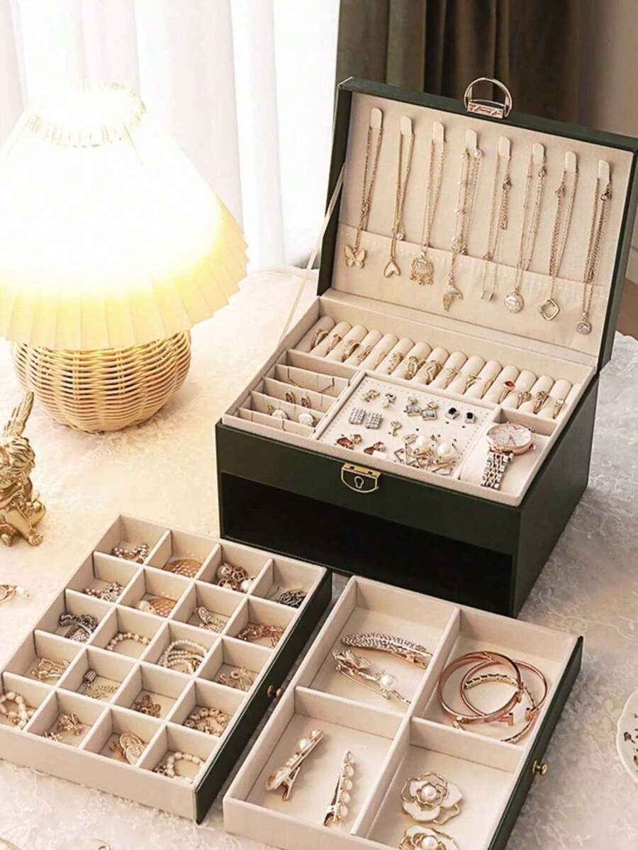 高端精致首饰盒，大容量多层抽屉式项链耳环金饰收纳盒，卧室浴室家具必备