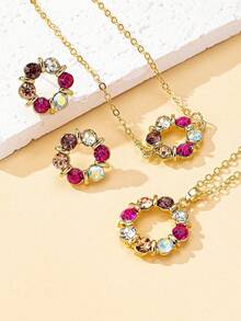 Women's Colorful Rhinestone Jewelry Set (4-Piece Set), Fashionable And Individual, Elegant And Chic, Hollow Round Pendant Necklace, Earrings, Bracelet - Multicolor - View 3